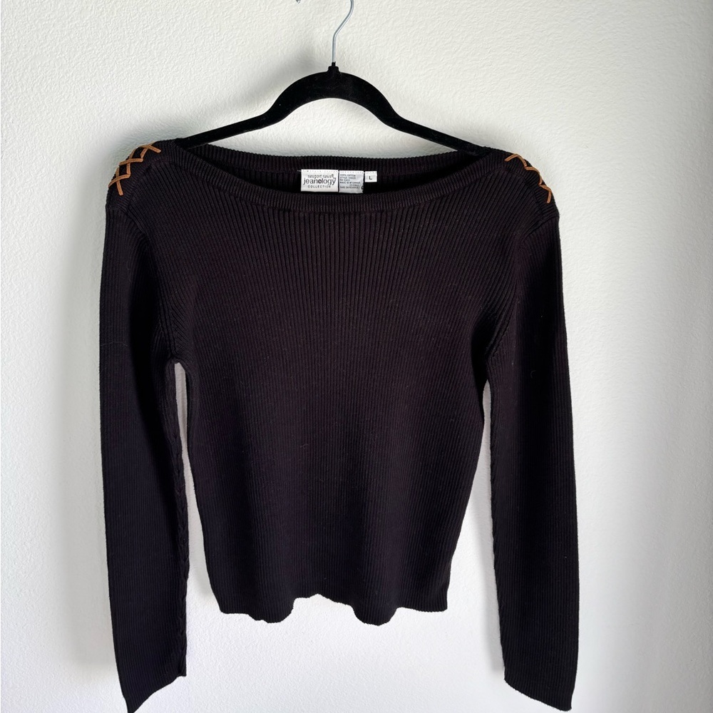 Vintage Newport News Black Sweater with Brown Stitching, 100% cotton in large